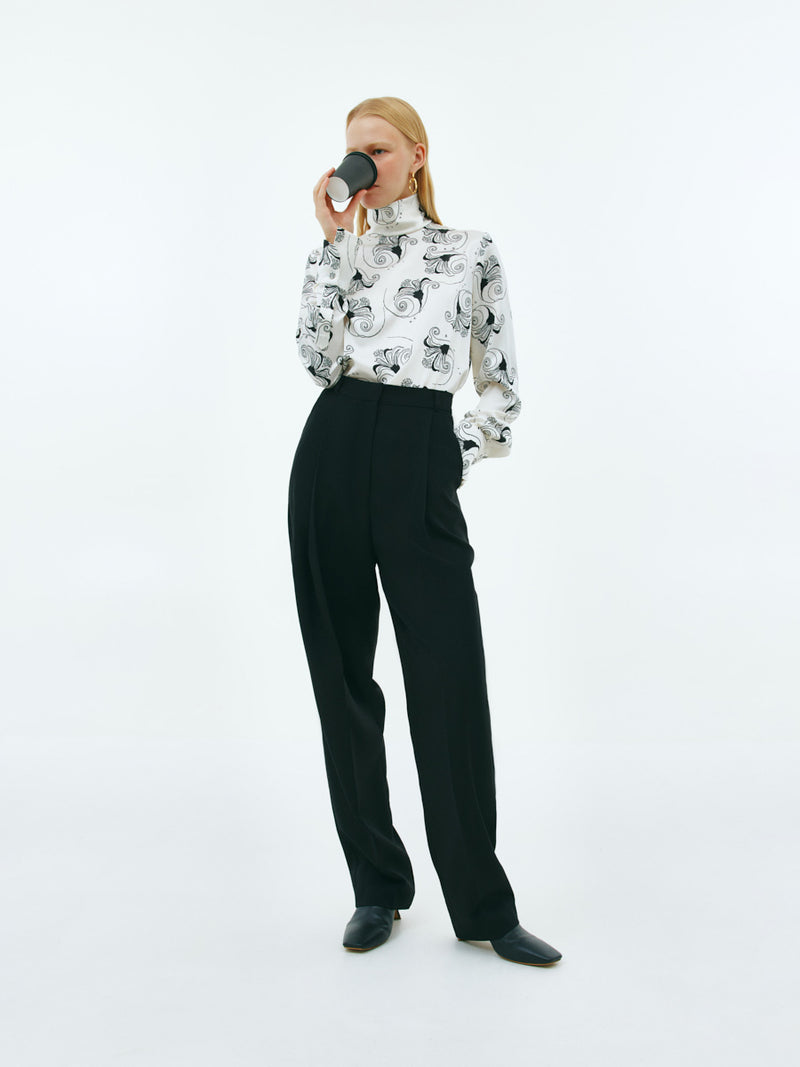 Cream silk blouse with black floral print