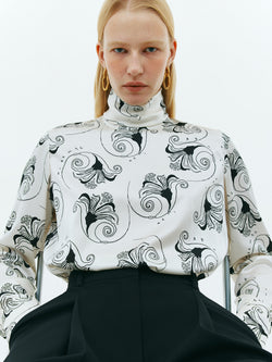 Cream silk blouse with black floral print
