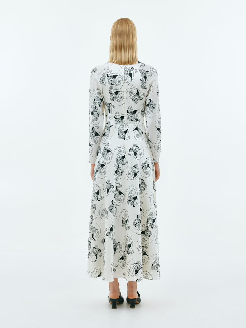 Cream long sleeve midi dress with black floral print