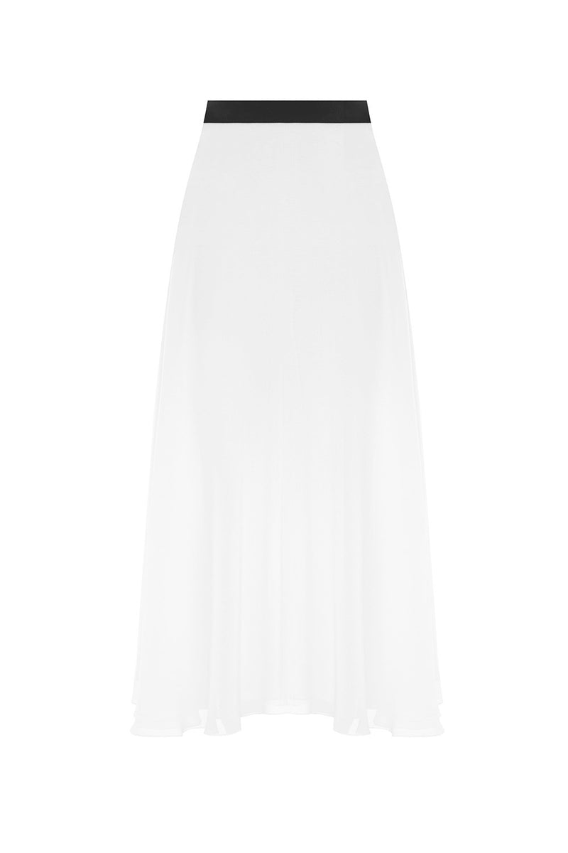 Ivory white chiffon midi skirt with black belt