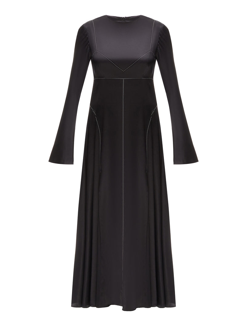 Midi black silk dress with white stitch detail