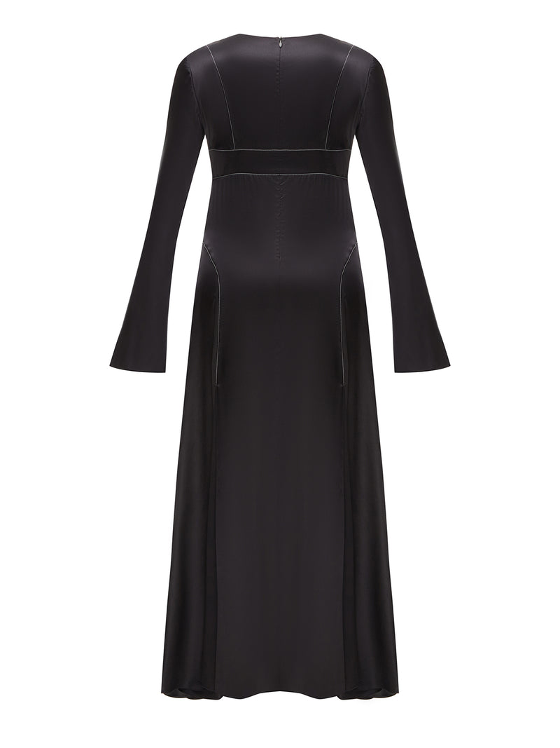 Midi black silk dress with white stitch detail