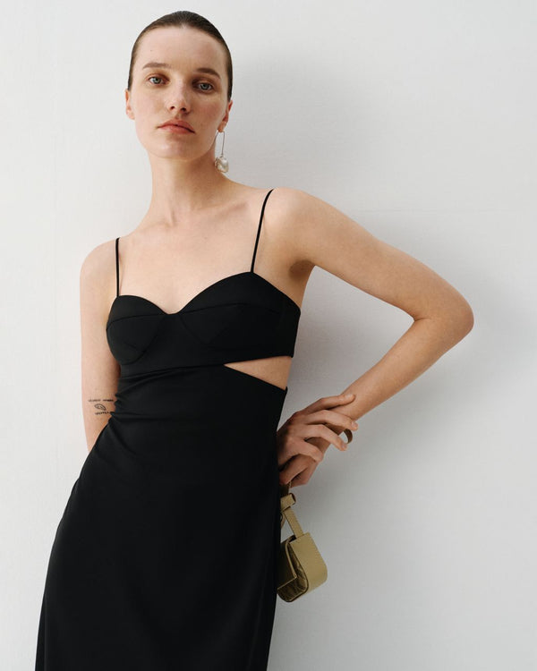 Black wool maxi dress with cutout