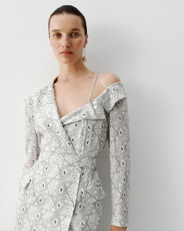 One shoulder blazer dress with a geometric black and white print