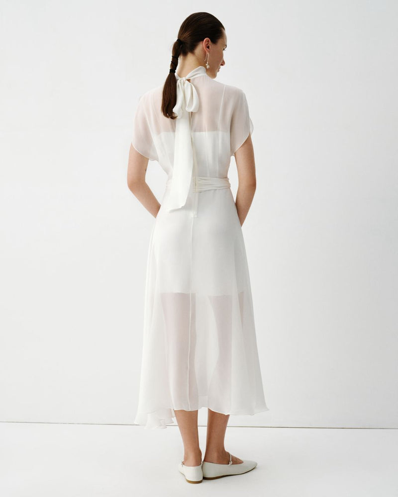 Ivory white chiffon midi dress with belt