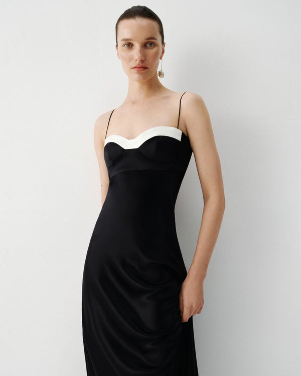 Black silk bustie dress with white details