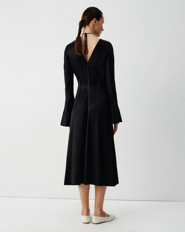 Black silk midi dress with white details