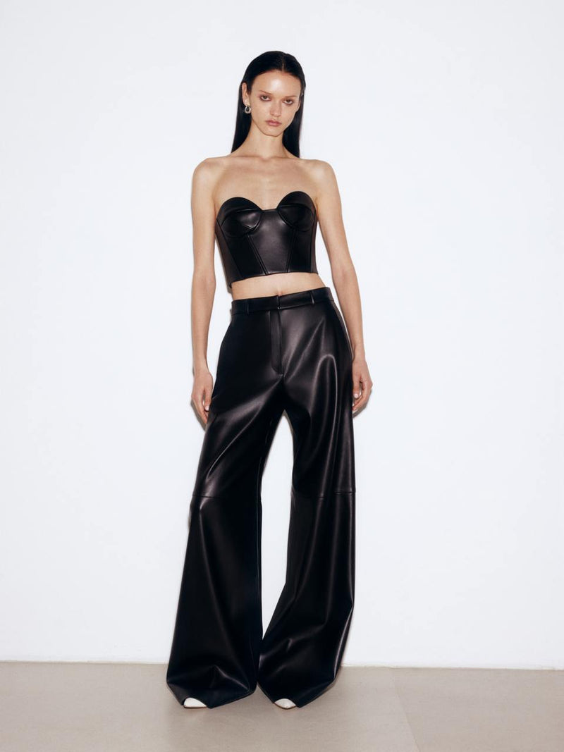 Black faux leather wide-leg trousers