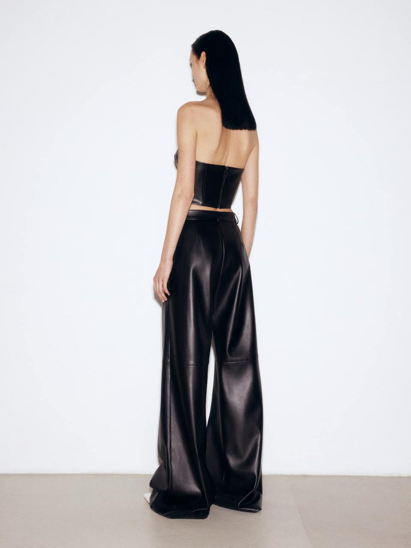 Black faux leather wide-leg trousers