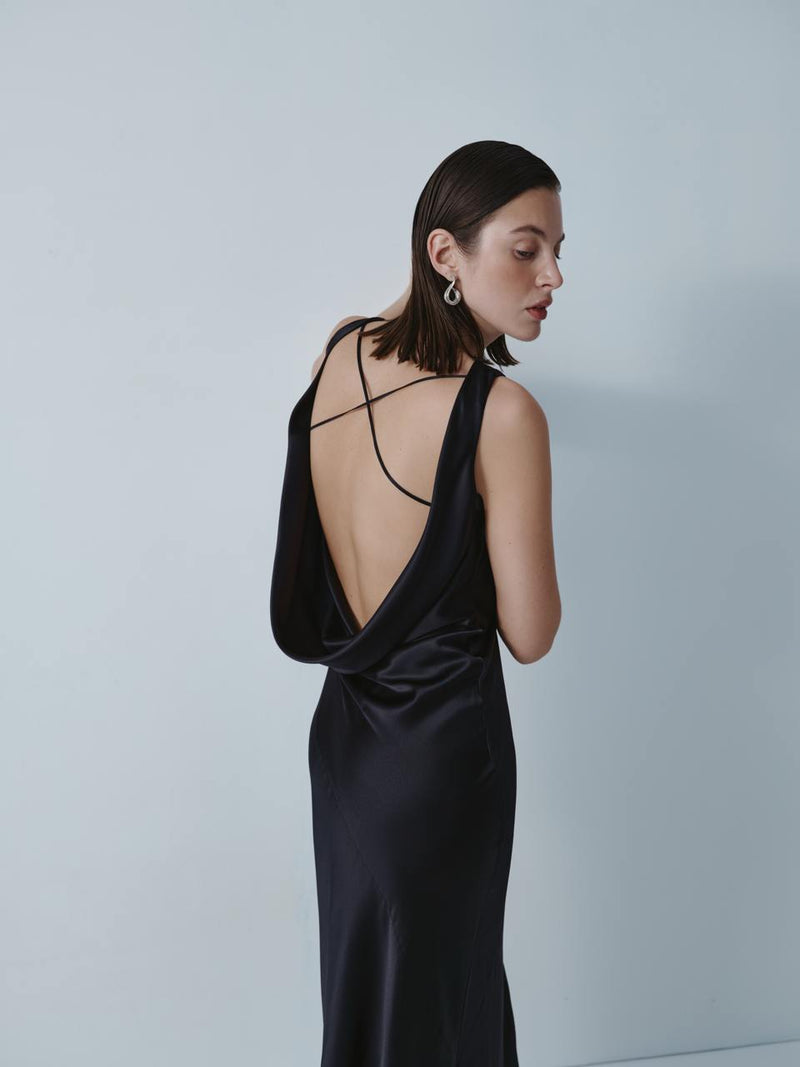 Black silk maxi dress with cutout black