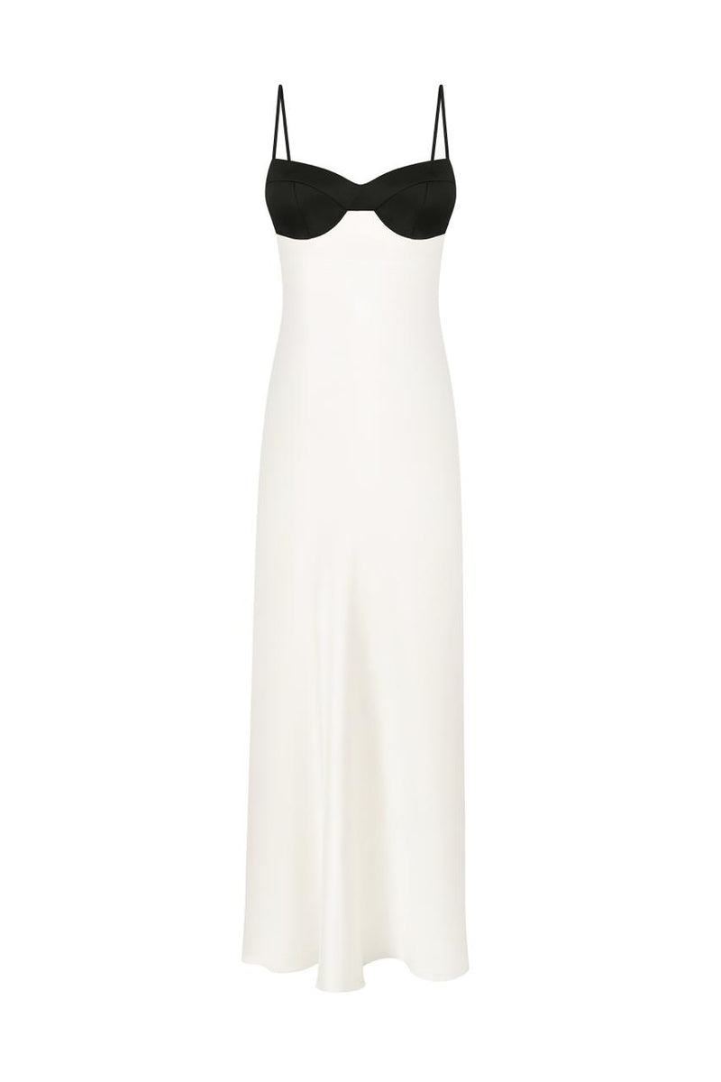 Cream silk midi dress with black detail