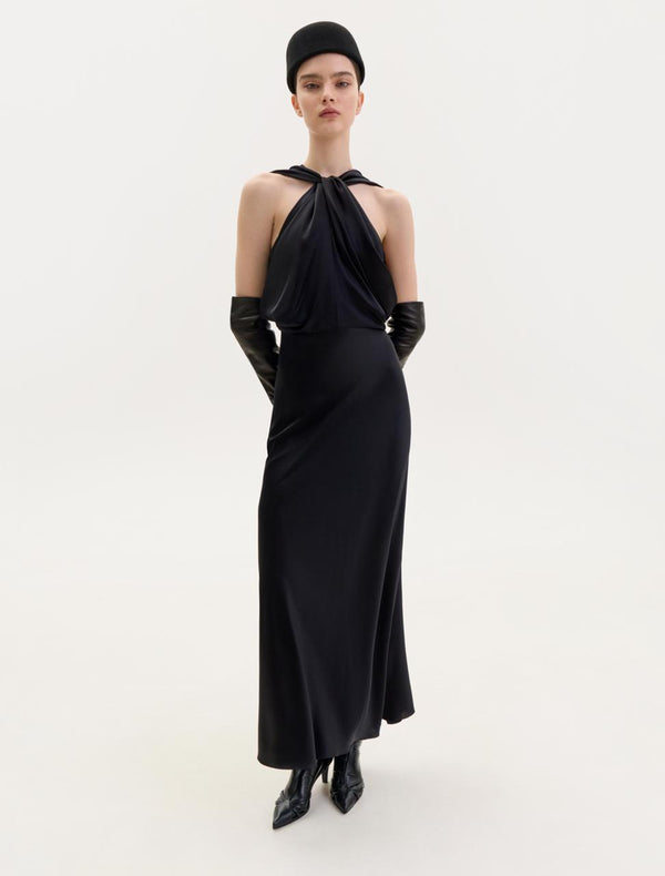 Black silk dress with twisted detail at the neck