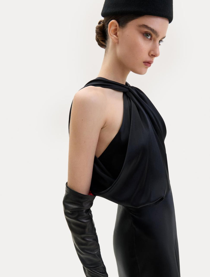 Black silk dress with twisted detail at the neck