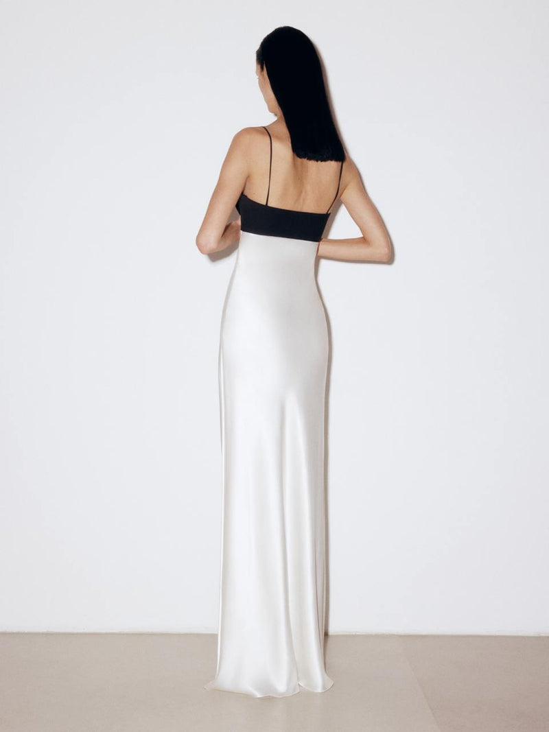 Maxi ivory silk dress with black top