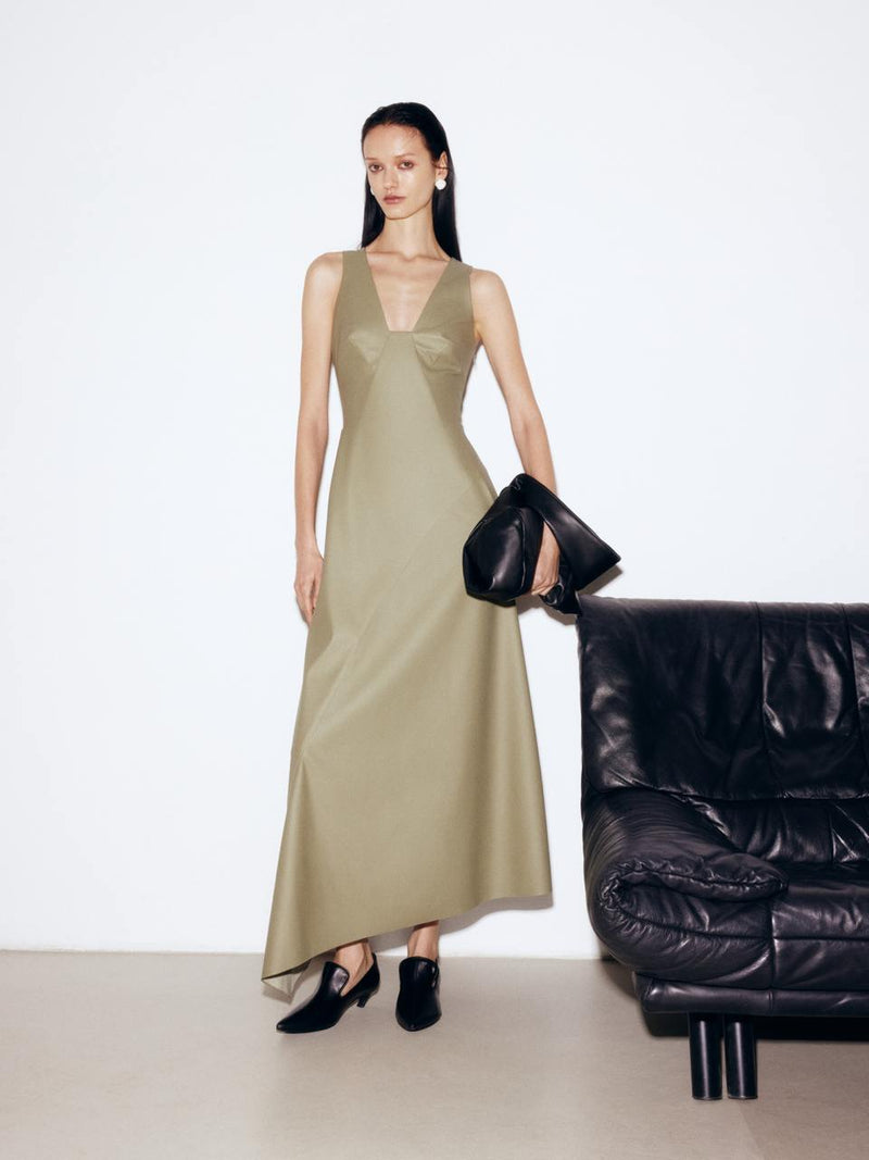 Midi faux leather dress in olive color