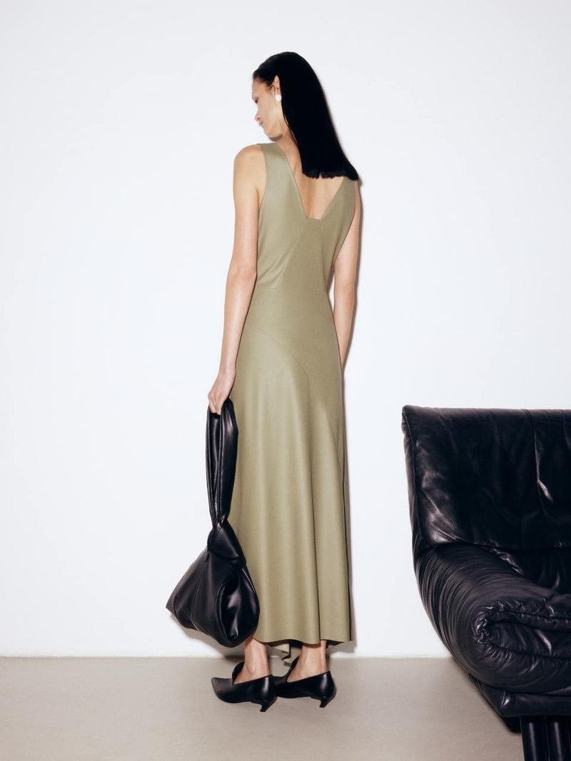 Midi faux leather dress in olive color