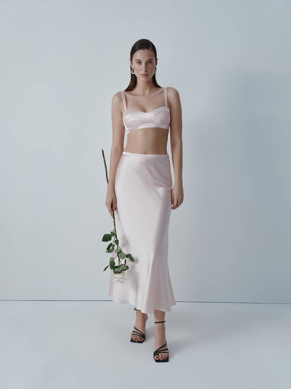 Dusky pink silk midi skirt