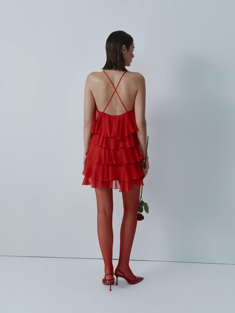 Red chiffon mini dress with ruffles