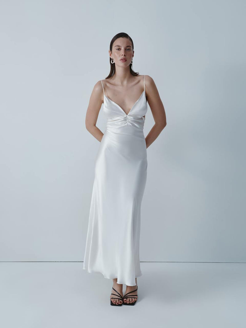 Ivory silk midi dress with open back