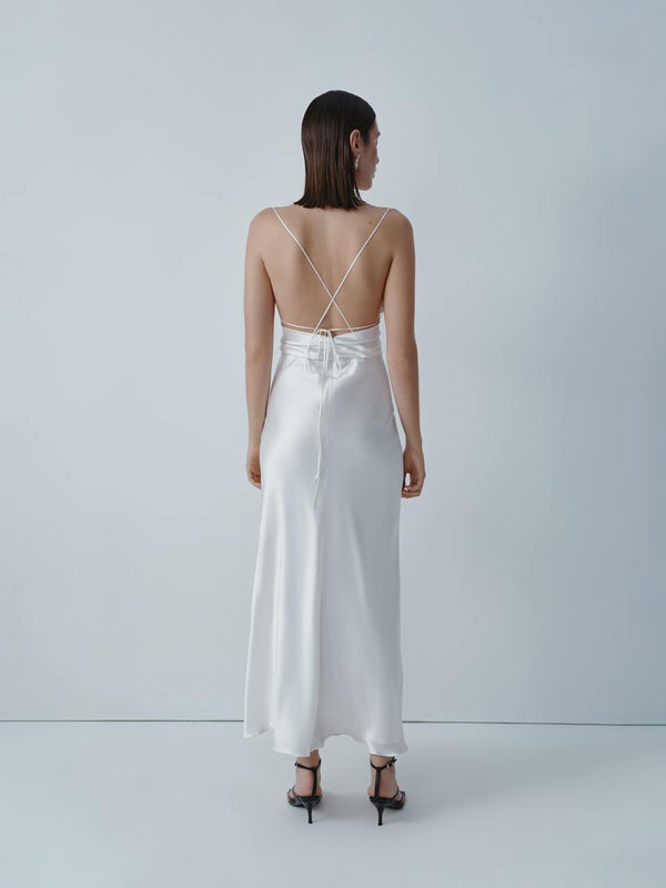 Ivory silk midi dress with open back