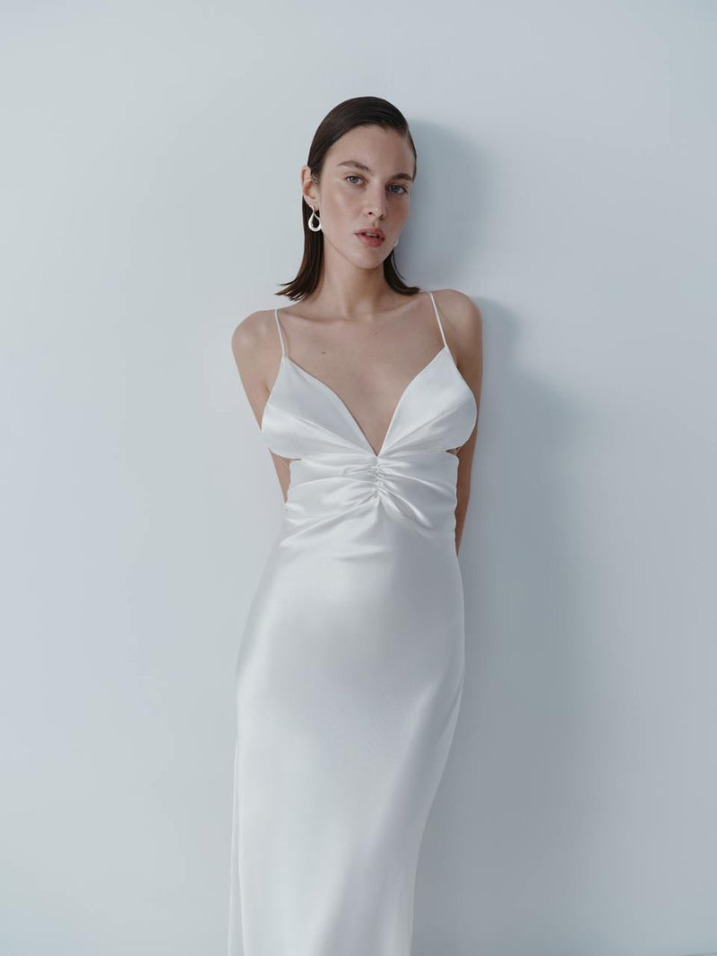 Ivory silk midi dress with open back