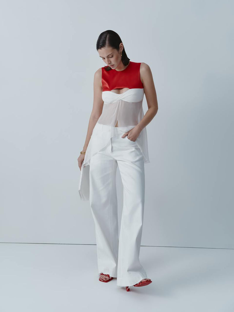 Red and ivory silk top