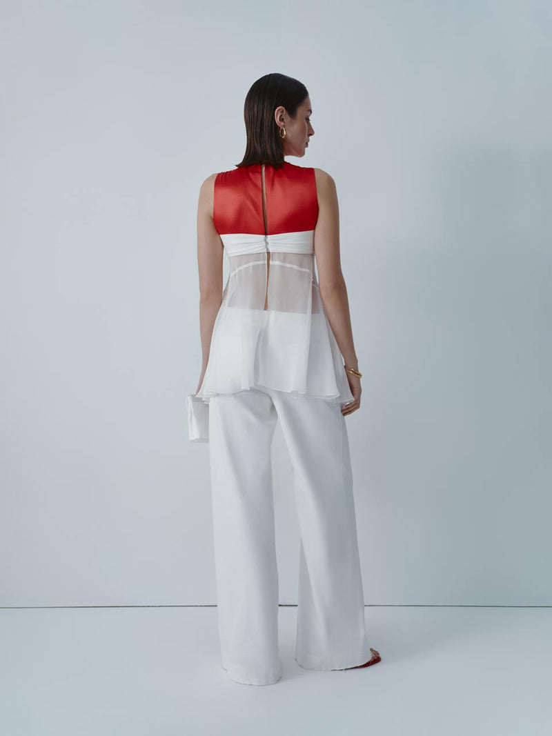 Red and ivory silk top