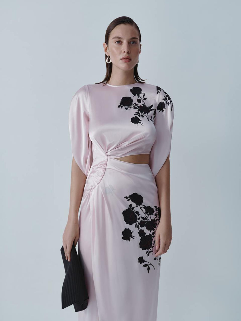 Floral print silk midi dress with long-sleeve