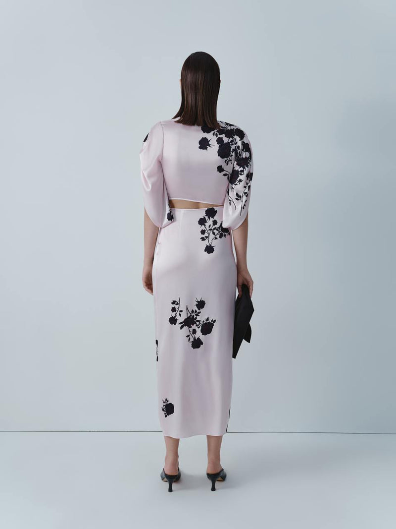 Floral print silk midi dress with long-sleeve