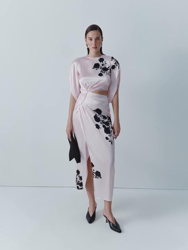 Floral print silk midi dress with long-sleeve