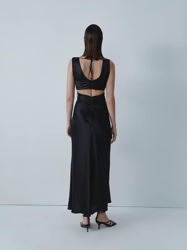 Black silk midi dress with open back