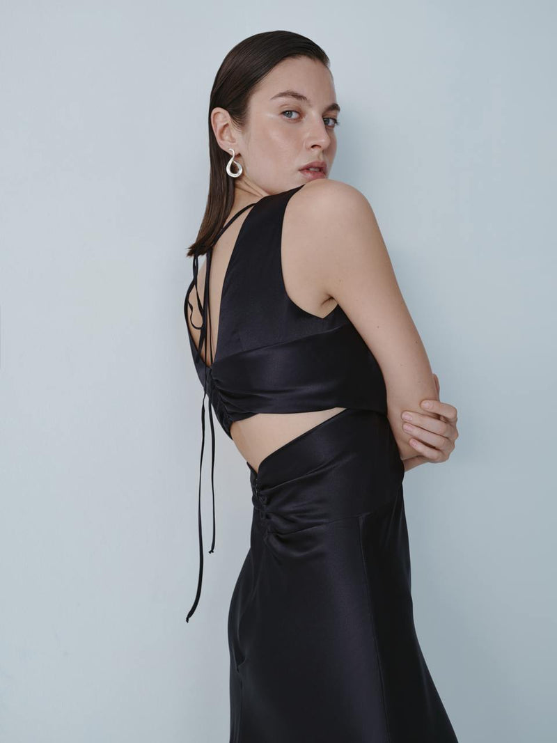 Black silk midi dress with open back