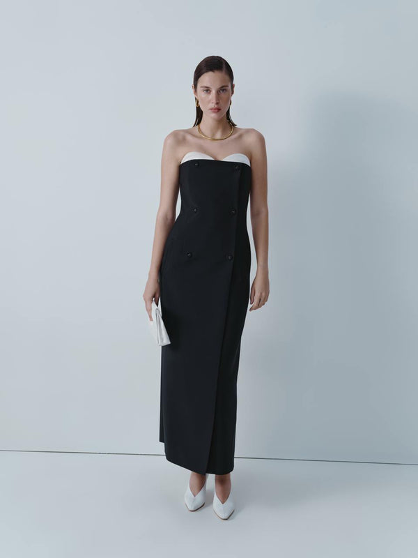 Black wool midi dress with ivory silk bustier