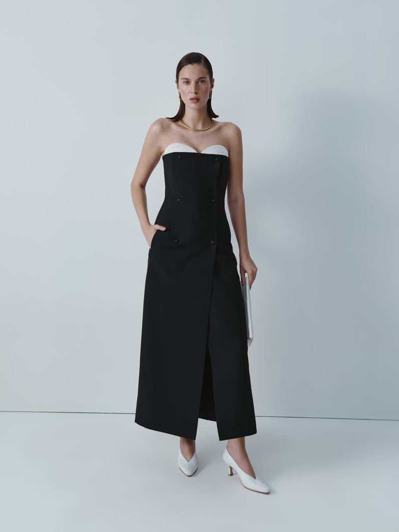 Black wool midi dress with ivory silk bustier