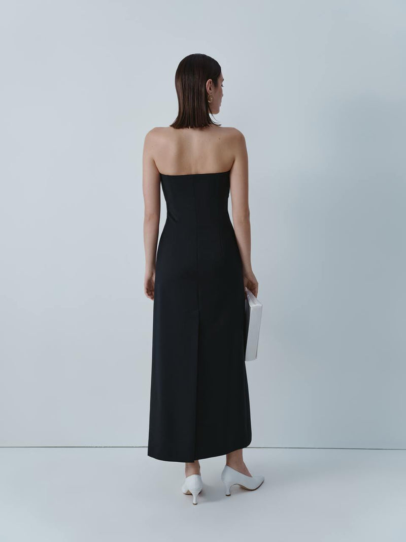 Black wool midi dress with ivory silk bustier