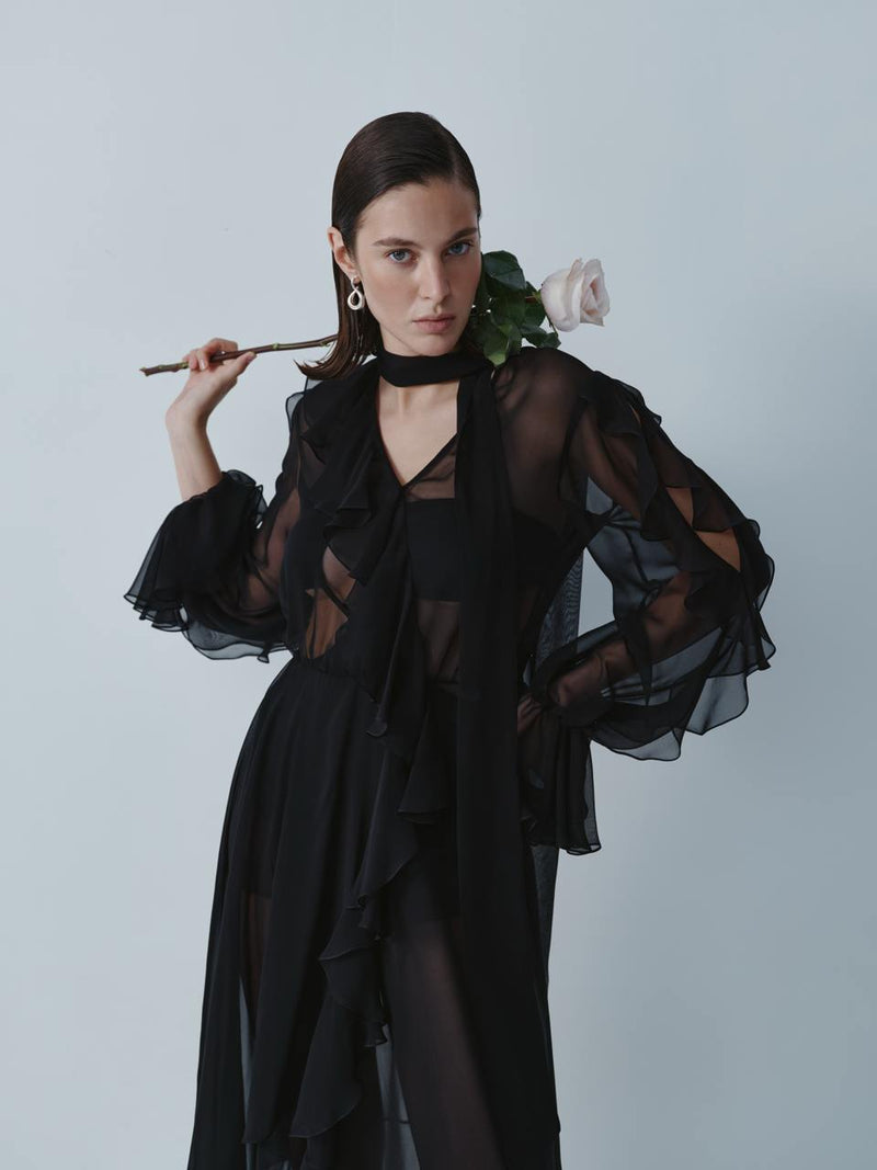 Black chiffon midi dress with ruffles