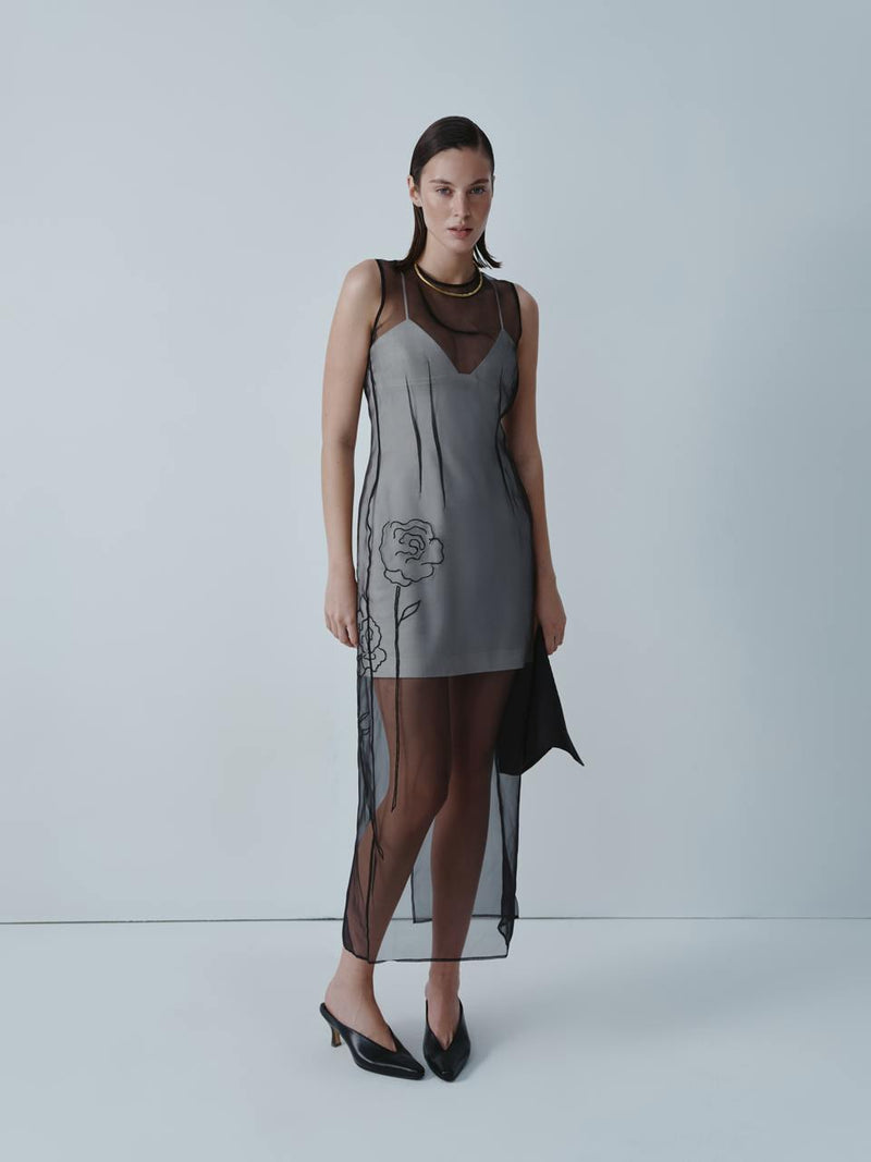 Black silk organza dress with embroidery