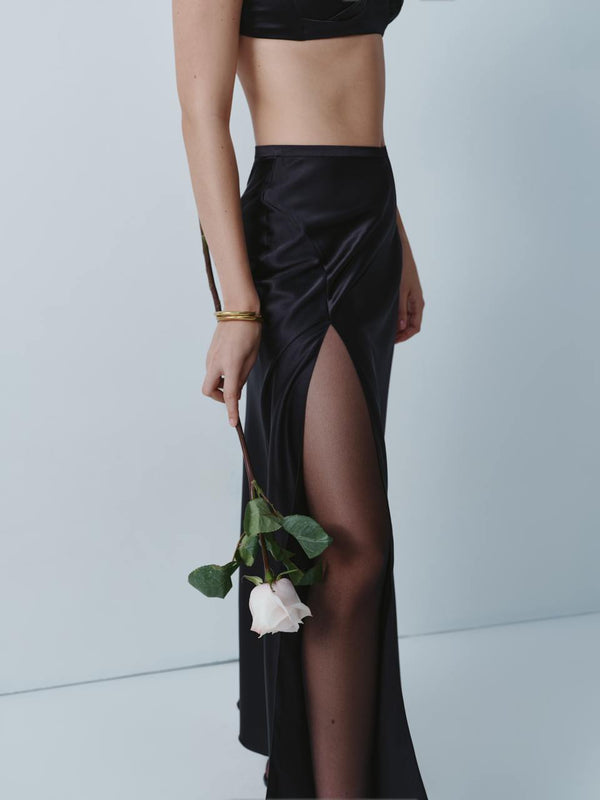 Black silk midi skirt