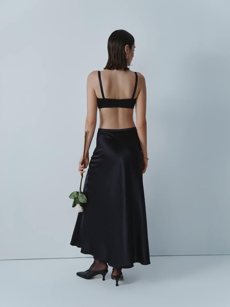 Black silk midi skirt