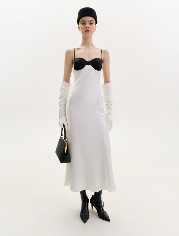 Cream silk midi dress with black detail