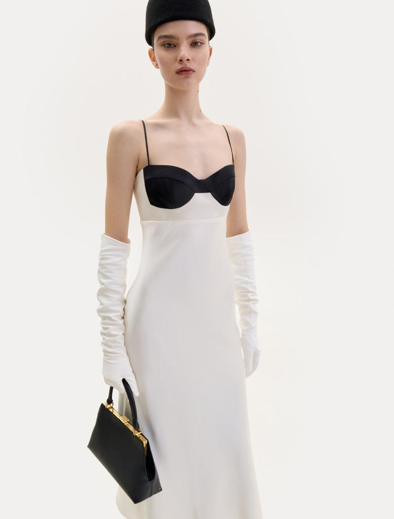 Cream silk midi dress with black detail