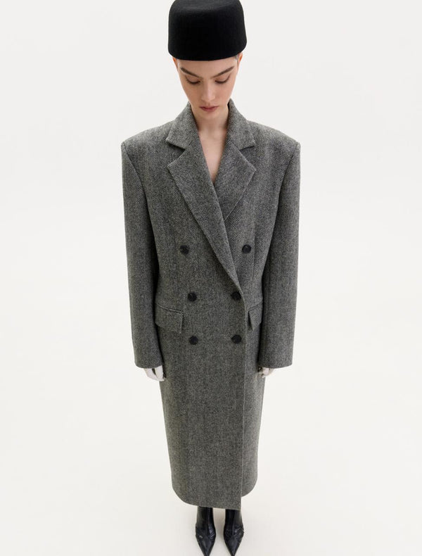 Grey double-breasted midi coat with a chevron pattern