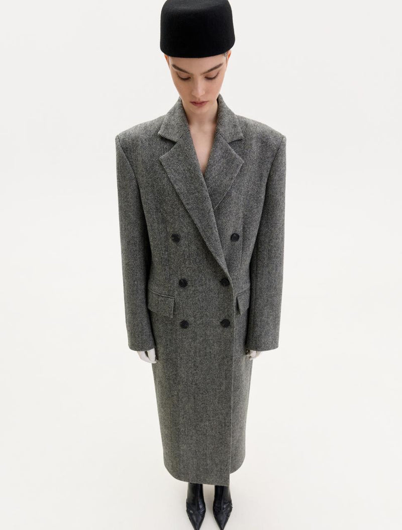 Grey double-breasted midi coat with a chevron pattern