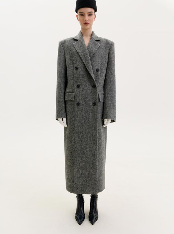 Grey double-breasted midi coat with a chevron pattern
