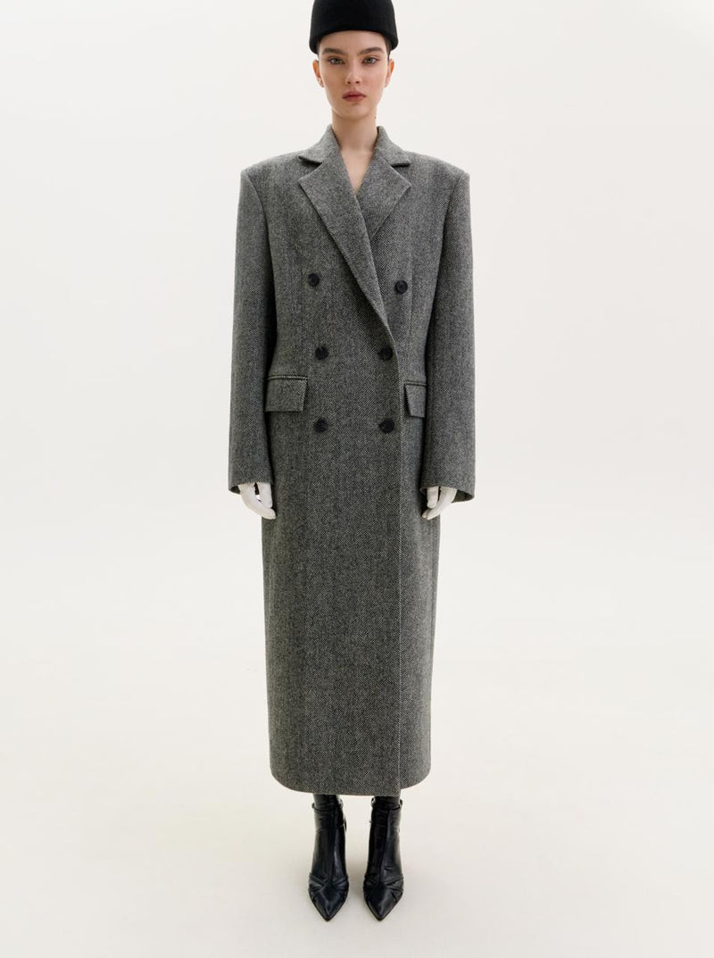 Grey double-breasted midi coat with a chevron pattern