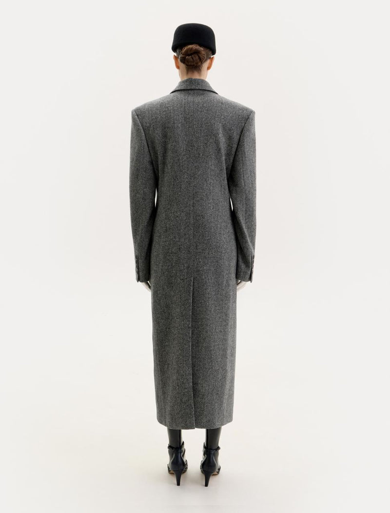 Grey double-breasted midi coat with a chevron pattern