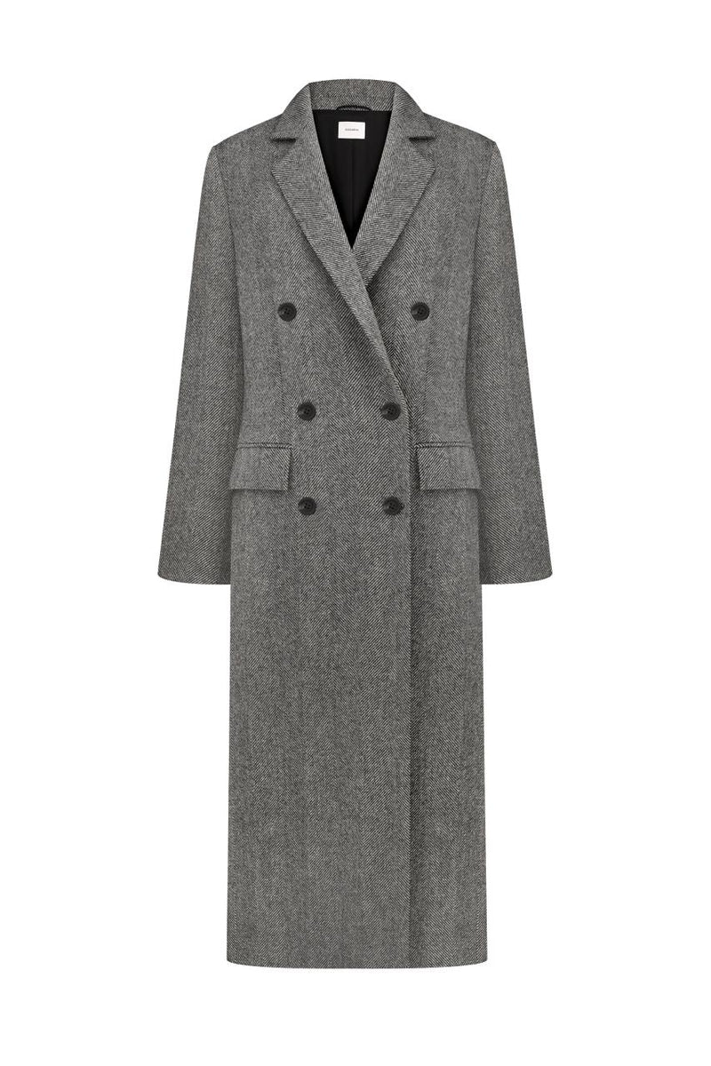 Grey double-breasted midi coat with a chevron pattern