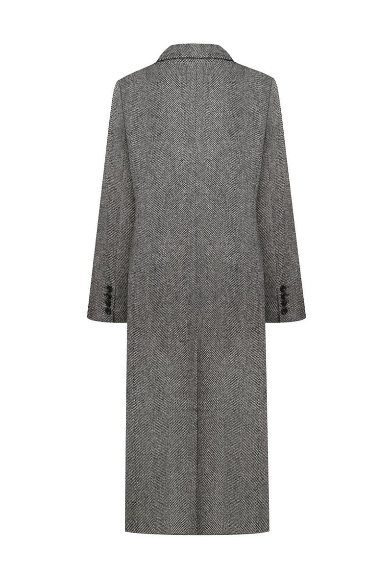 Grey double-breasted midi coat with a chevron pattern
