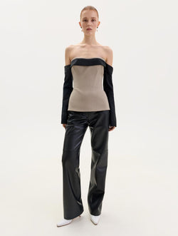 Black faux leather straight-leg pants