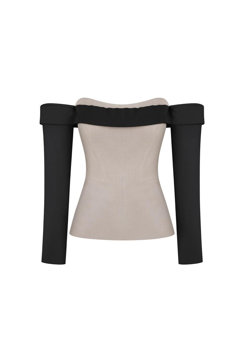 Taupe corset with black sleeves